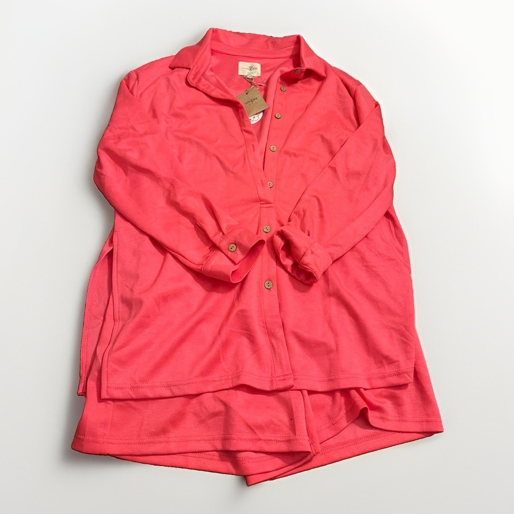 NWT Umgee Women's S Pink Solid Collared Button-Front Long Sleeve Romper